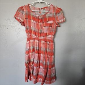 Mikarose Girls 7 Coral Pink Plaid Puff Sleeve Dress Crew Neck Knee Length Summer
